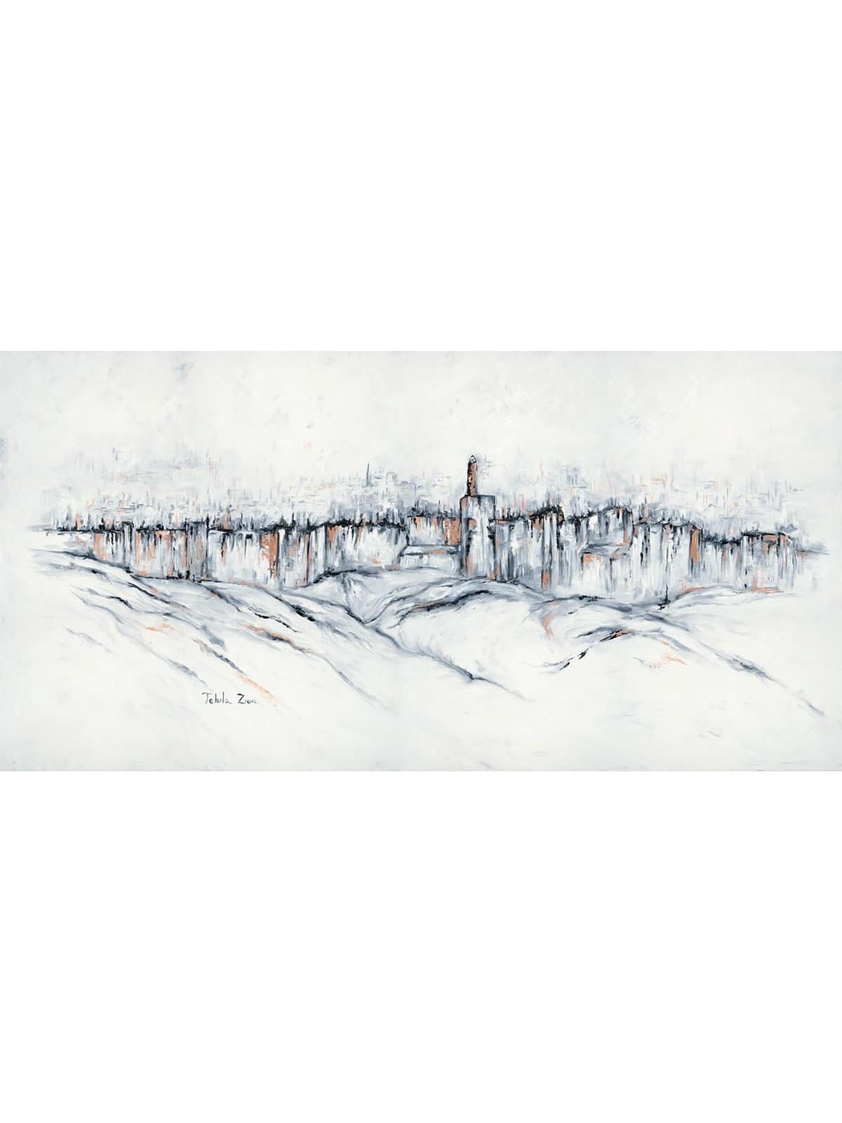 Black & White Wide Painting of Jerusalem Walls wit , Jewish Abstract A
