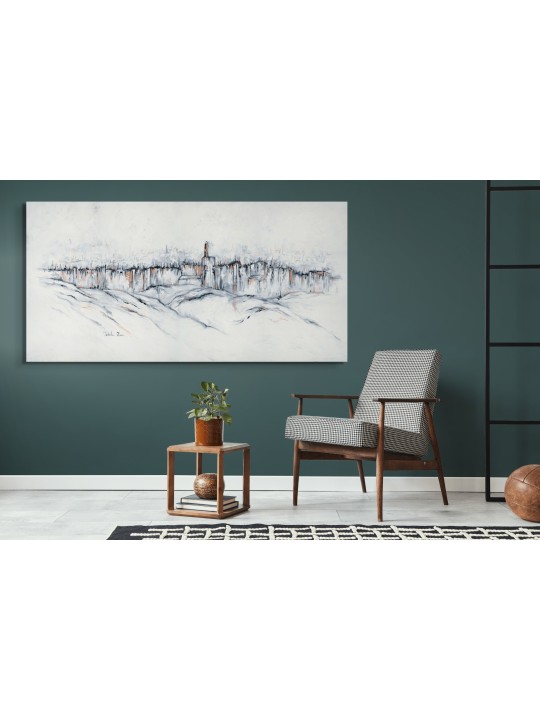 Black & White Wide Painting of Jerusalem Walls wit , Jewish Abstract A
