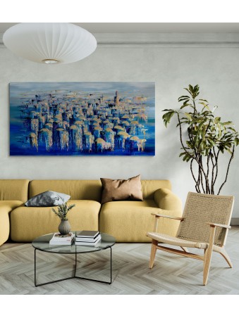 Magnifique Jerus abstrait extra large doré et bleu, abstrait juif A