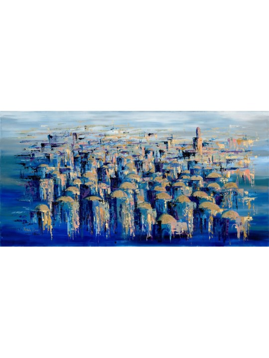 Magnifique Jerus abstrait extra large doré et bleu, abstrait juif A