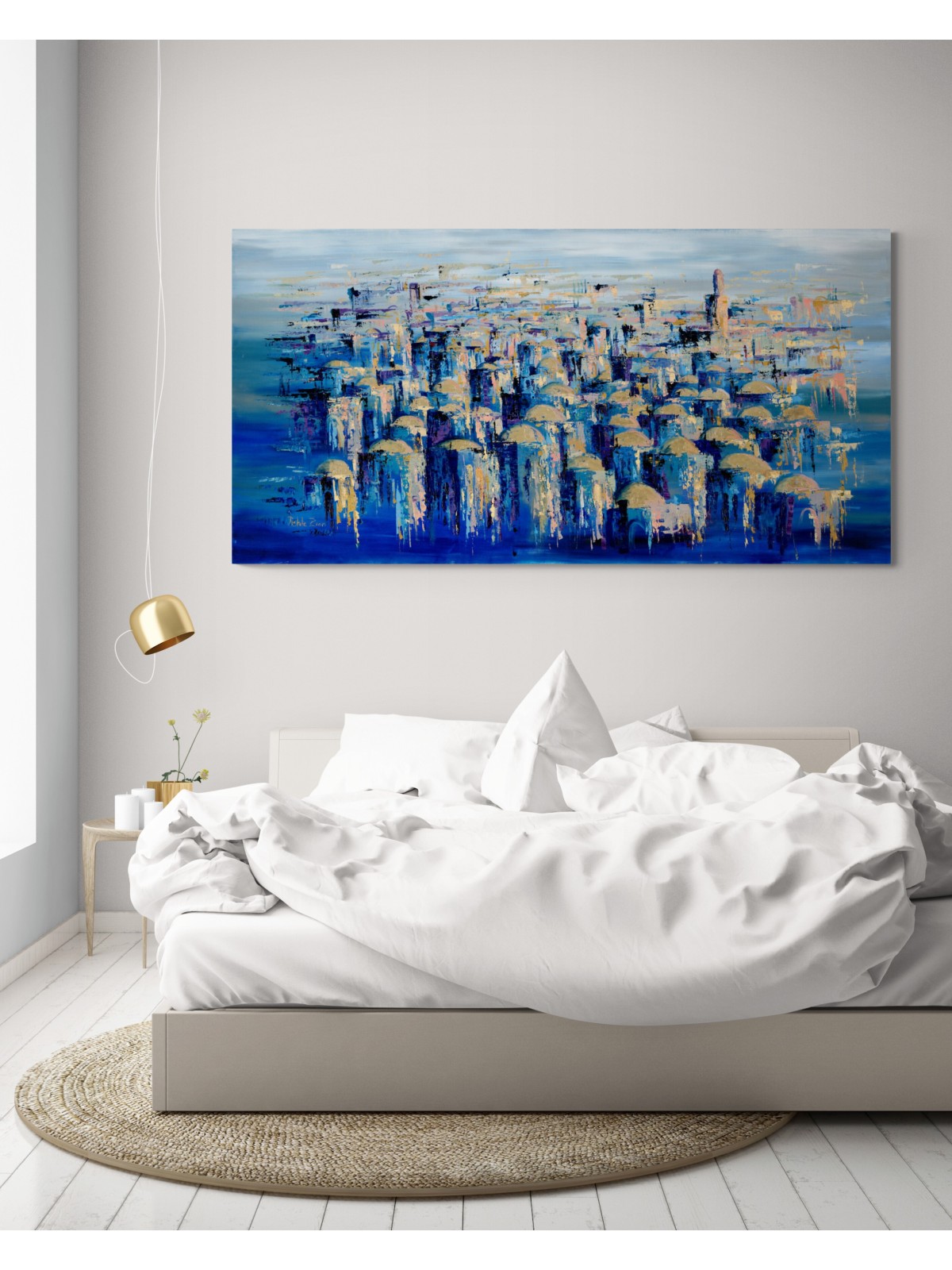 Magnifique Jerus abstrait extra large doré et bleu, abstrait juif A