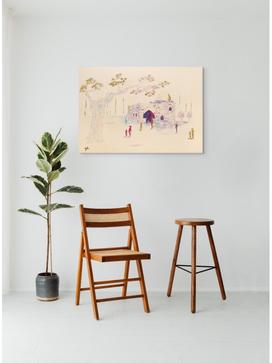 Feuille d’or abstraite rose et violette de Kever Rochel, art abstrait juif
