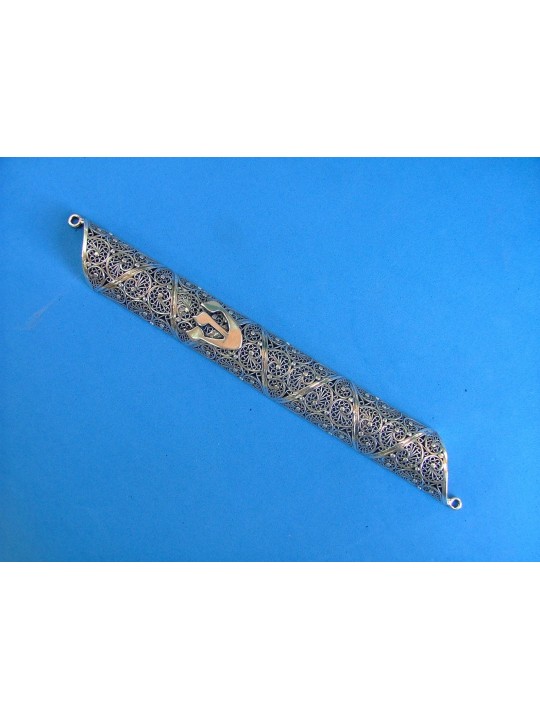 Grand étui Mezuzah vintage en filigrane yéménite , Grandes Mezuzahs , Israël