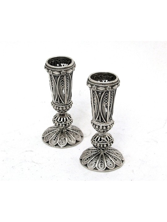 Short Leg Yemenite Filigree Silver Candlesticks , Sterling Silver Cand