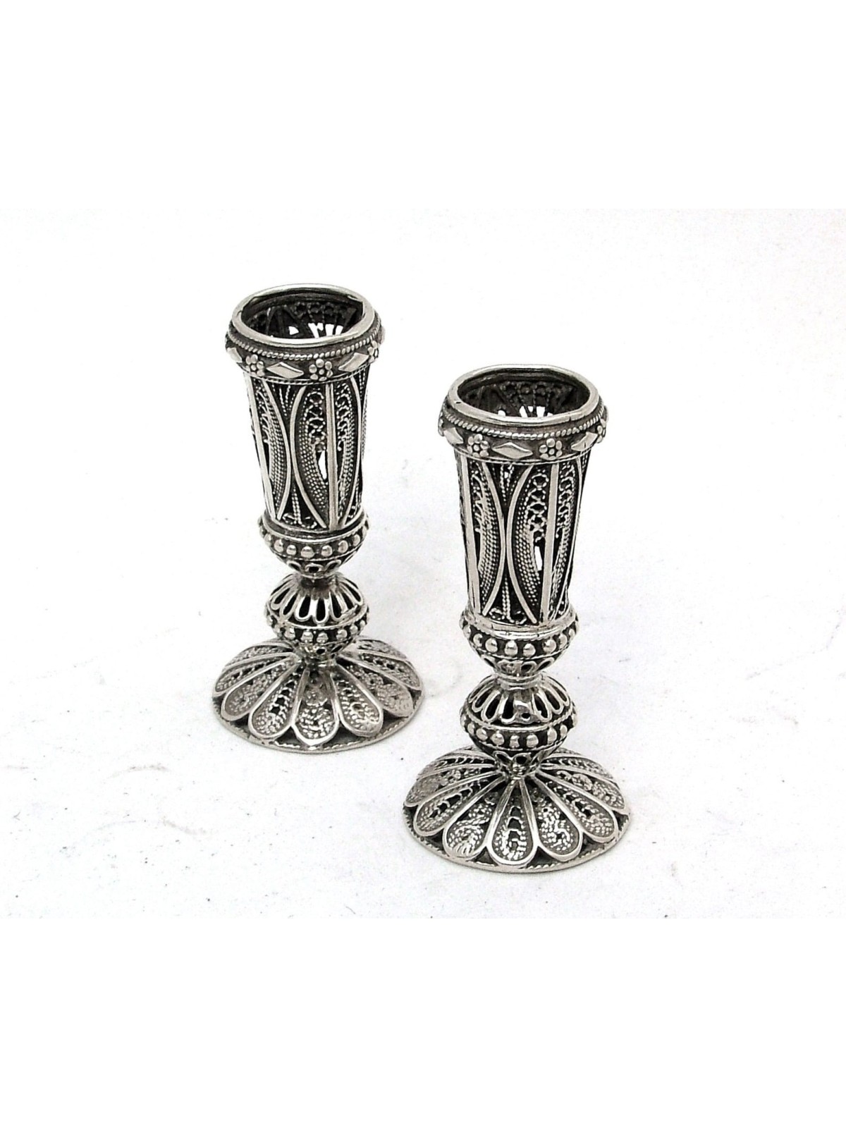 Short Leg Yemenite Filigree Silver Candlesticks , Sterling Silver Cand