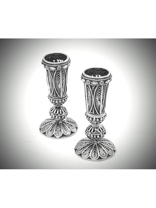 Short Leg Yemenite Filigree Silver Candlesticks , Sterling Silver Cand