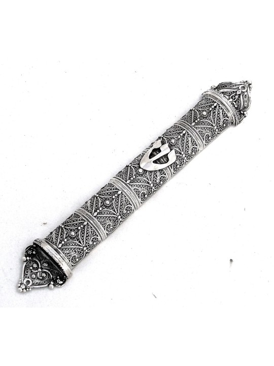 Beau long étui yéménite en argent Mezuzah, grandes Mezuzahs, israélien