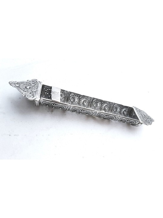 Beautiful Long Yemenite Silver Mezuzah Case , Large Mezuzahs , Israeli
