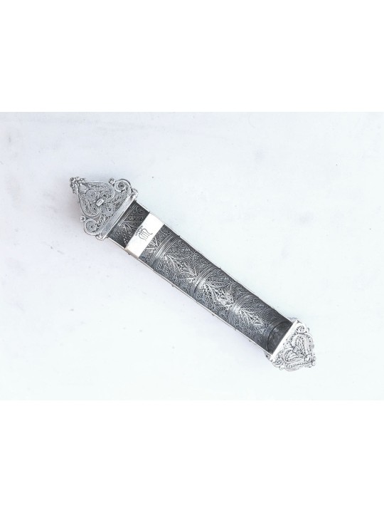 Beautiful Long Yemenite Silver Mezuzah Case , Large Mezuzahs , Israeli
