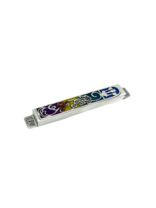 Étui argenté coloré de Mezuzah avec l'améthyste naturelle, Avi Nadav Mezuzah