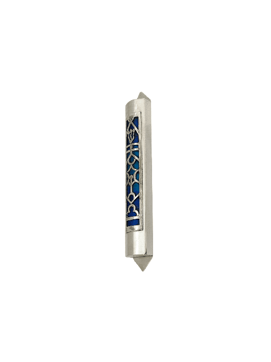 Silver Mezuzah Case with Cold Enamel , Large Mezuzahs , Israeli Judaic