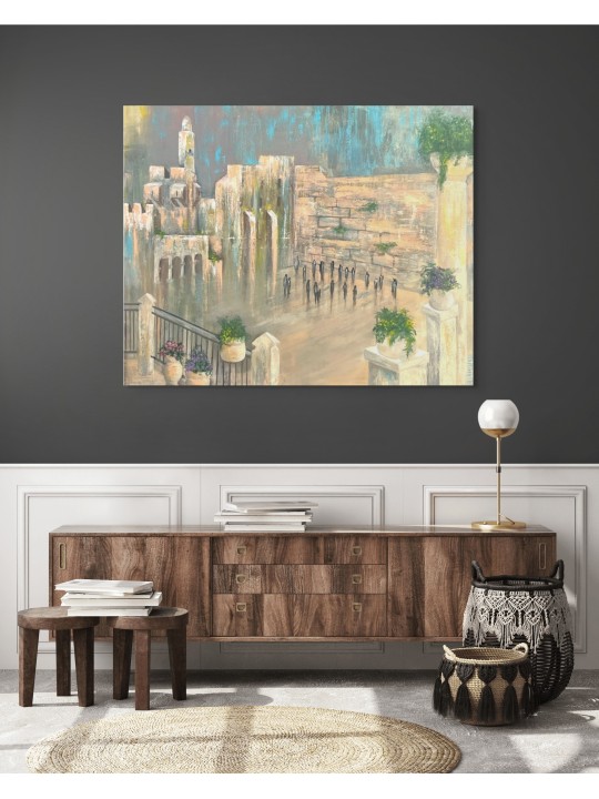 Peinture extraordinaire bleu et or du Kotel Wi, abstrait juif A