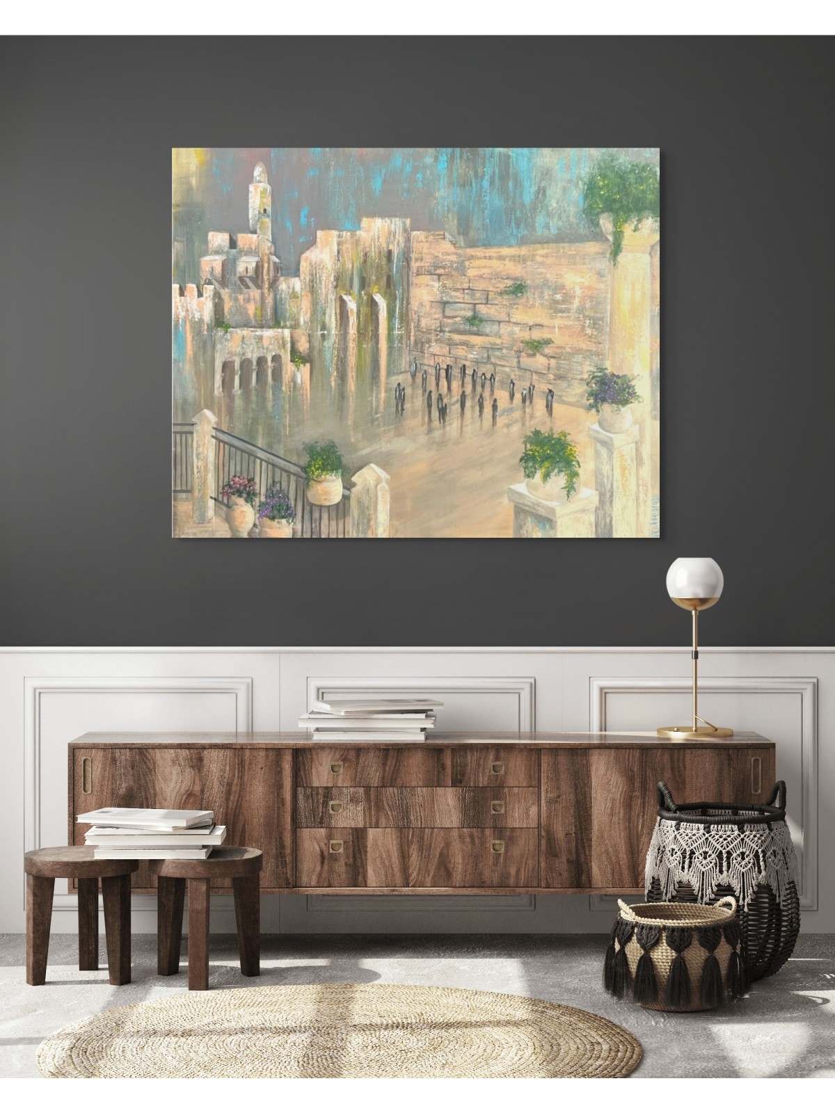 Peinture extraordinaire bleu et or du Kotel Wi, abstrait juif A