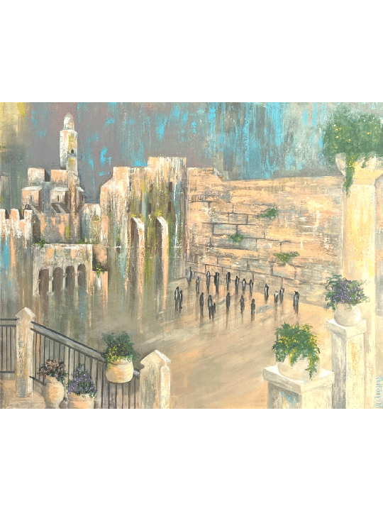 ציור יוצא דופן כחול וזהב של הכותל Wi, תקציר יהודי א