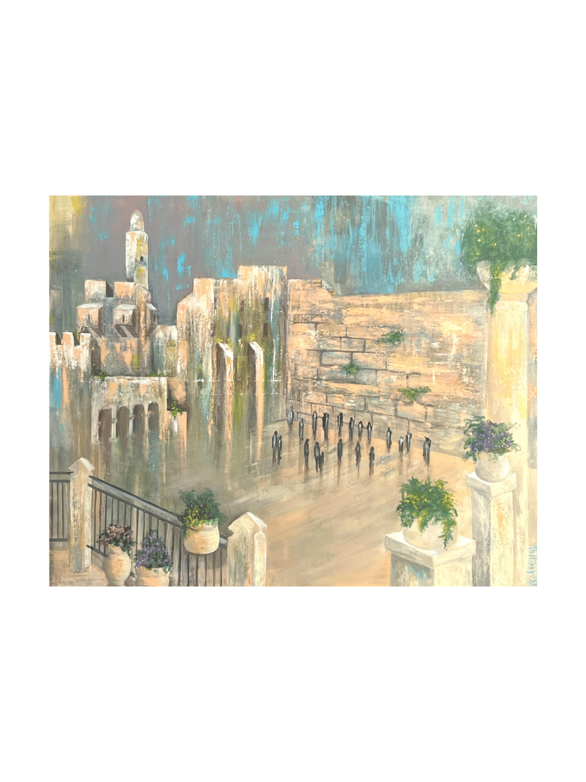 Peinture extraordinaire bleu et or du Kotel Wi, abstrait juif A