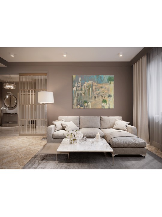 Peinture extraordinaire bleu et or du Kotel Wi, abstrait juif A