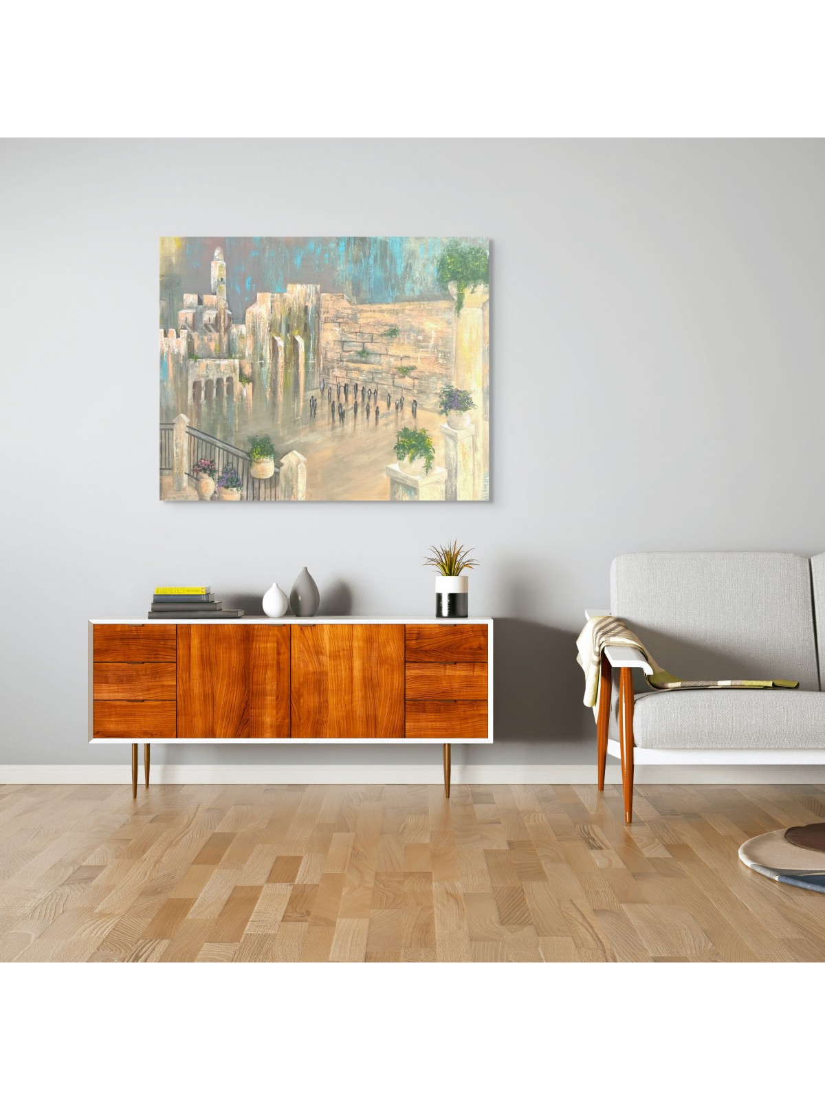 Peinture extraordinaire bleu et or du Kotel Wi, abstrait juif A
