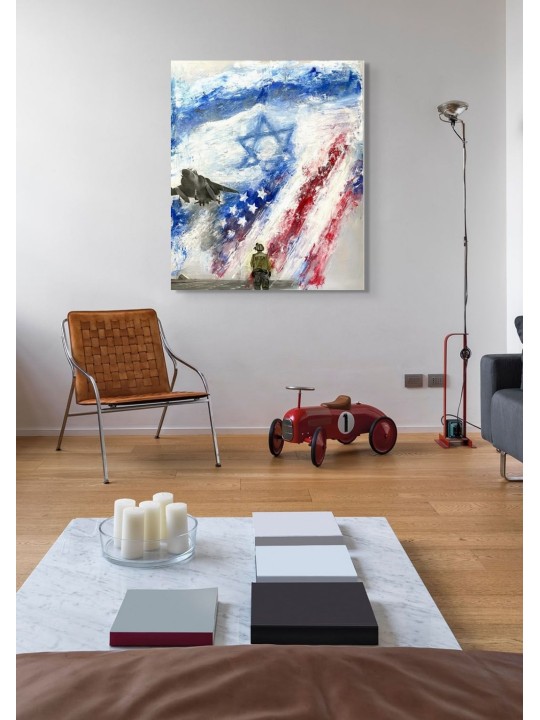 Art patriotique : Peinture de drapeau d'Israël et des États-Unis avec un abstrait juif A