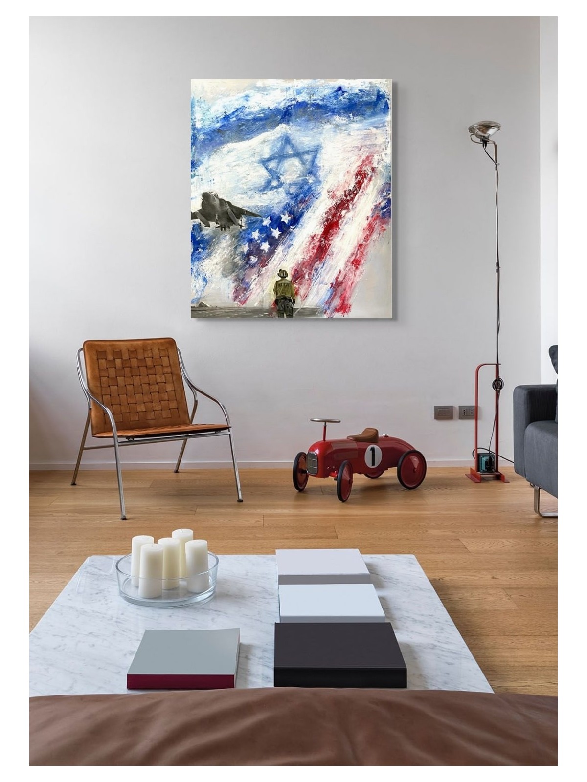 Art patriotique : Peinture de drapeau d'Israël et des États-Unis avec un abstrait juif A