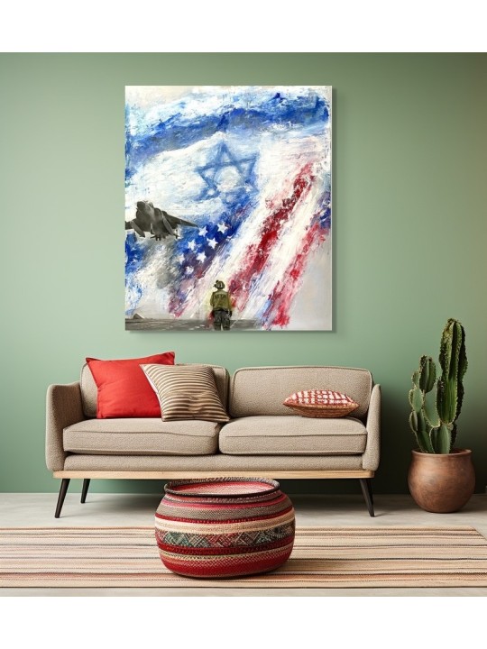 Art patriotique : Peinture de drapeau d'Israël et des États-Unis avec un abstrait juif A