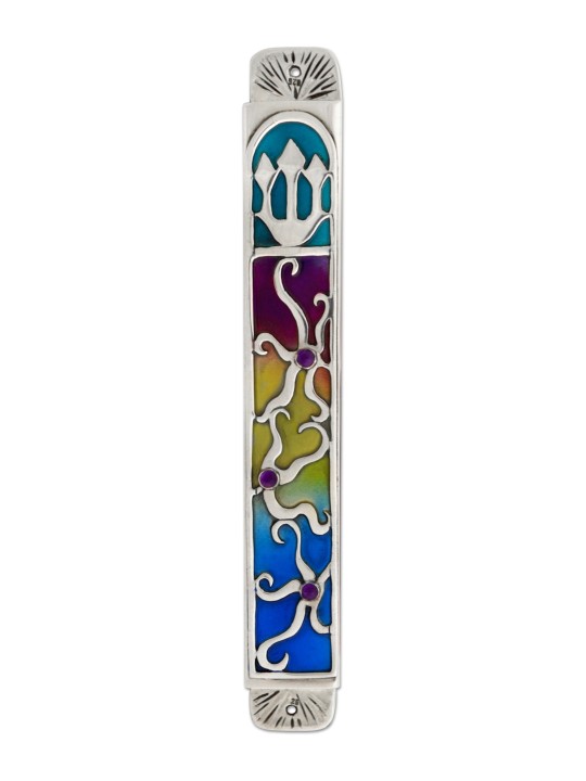 Colorful Silver Mezuzah Case with Amethyst Stones , Avi Nadav Mezuzah