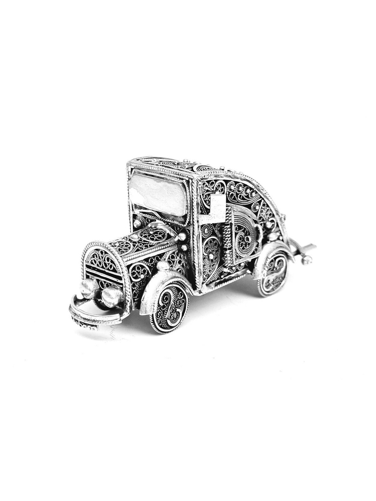 Tiny Old Car Shape Filigree Design Besamim Box , Sterling Silver Judai