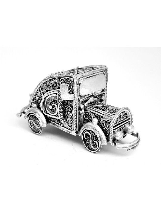 Tiny Old Car Shape Filigree Design Besamim Box , Sterling Silver Judai