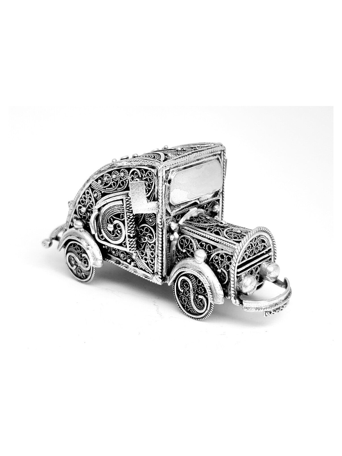 Petite boîte de Besamim de conception de filigrane de forme de vieille voiture, Judai en argent sterling