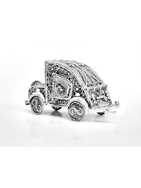 Tiny Old Car Shape Filigree Design Besamim Box , Sterling Silver Judai