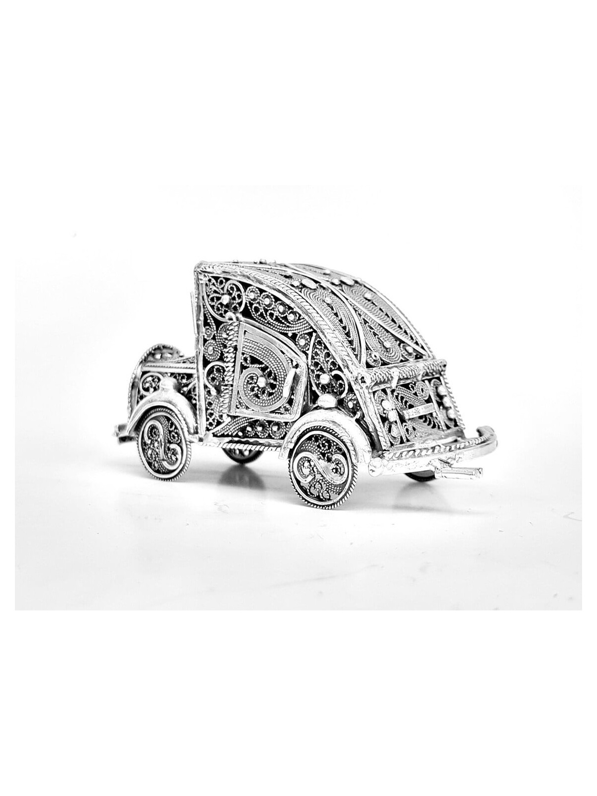 Tiny Old Car Shape Filigree Design Besamim Box , Sterling Silver Judai