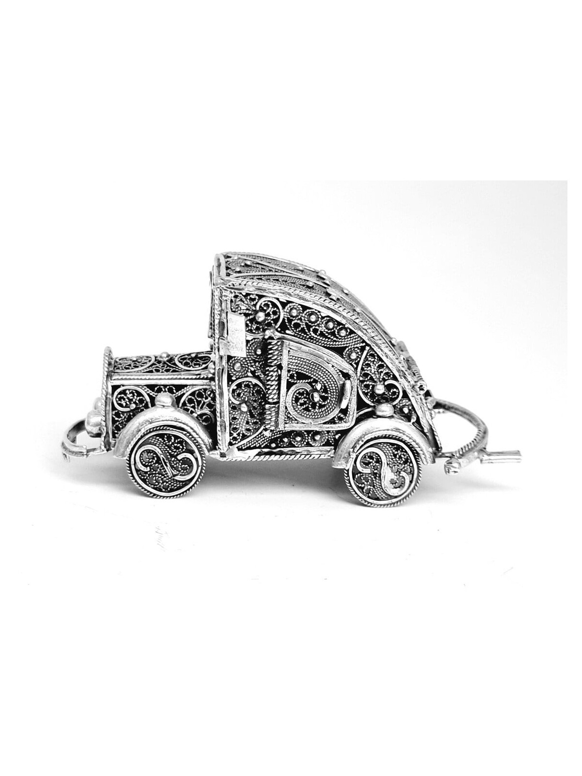 Tiny Old Car Shape Filigree Design Besamim Box , Sterling Silver Judai