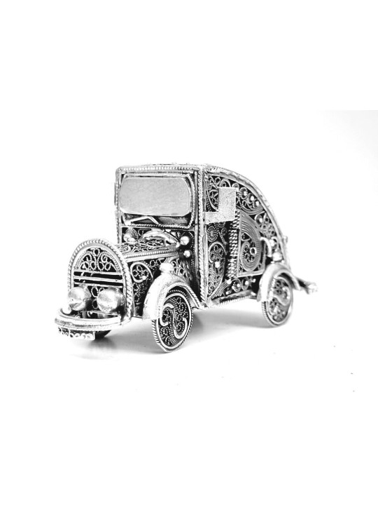 Tiny Old Car Shape Filigree Design Besamim Box , Sterling Silver Judai