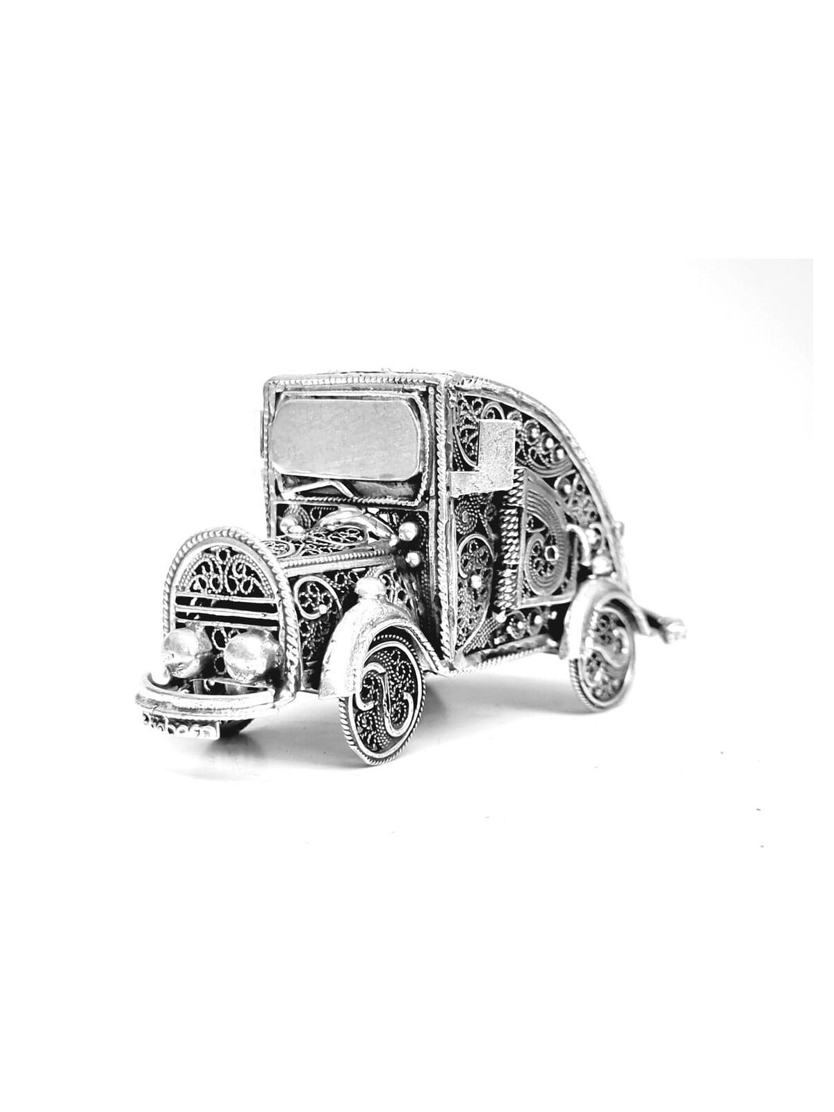 Petite boîte de Besamim de conception de filigrane de forme de vieille voiture, Judai en argent sterling