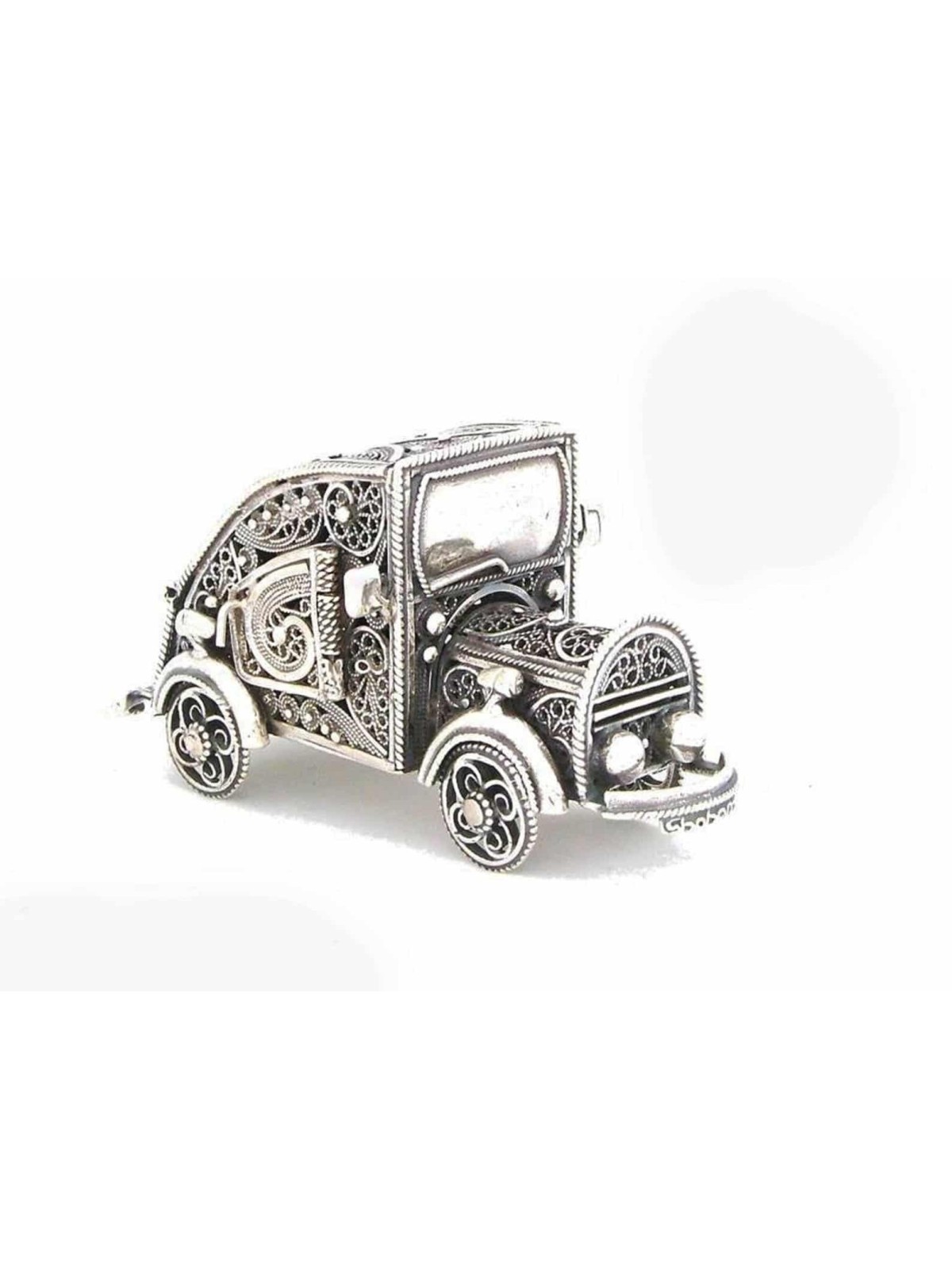 Tiny Old Car Shape Filigree Design Besamim Box , Sterling Silver Judai