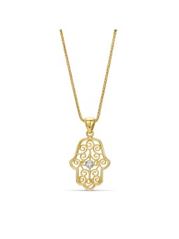 Luxury 14K Gold Diamond Hamsa Necklace with Filigr , Jewish Filigree J