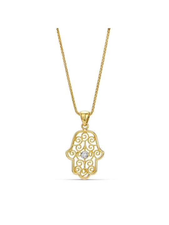 Luxury 14K Gold Diamond Hamsa Necklace with Filigr , Jewish Filigree J