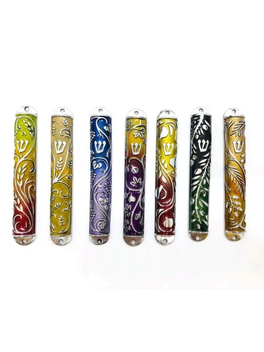 Merveilleux ensemble de mezouza émaillé de sept espèces, étuis Avi Nadav Mezuzah