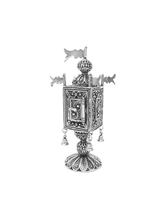 Elegant Silver Filigree Besamim Box with Bells and , Sterling Silver J