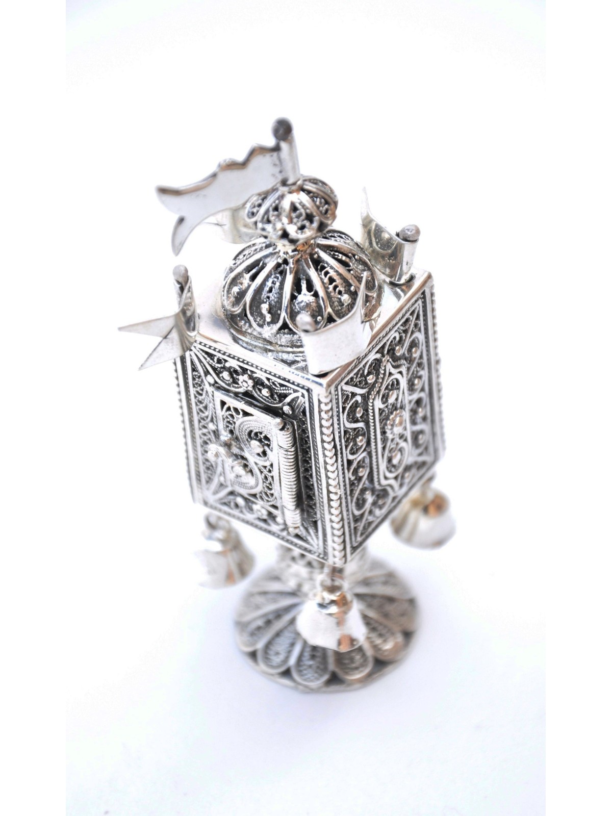 Elegant Silver Filigree Besamim Box with Bells and , Sterling Silver J