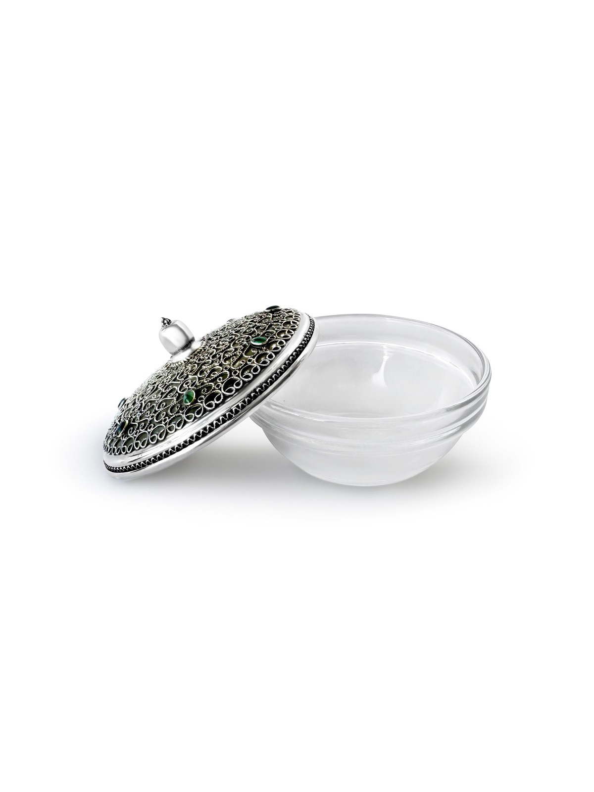 Silver and Glass Filigree Honey Dish with Eilat St , Tu B'Av Gifts , I