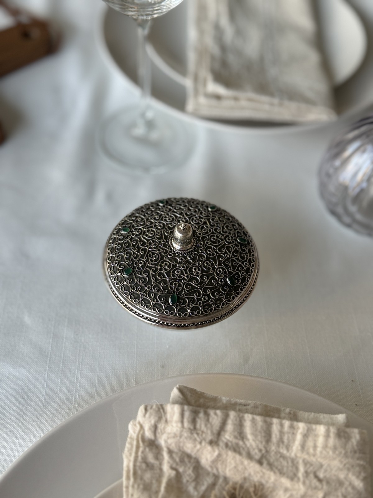 Silver and Glass Filigree Honey Dish with Eilat St , Tu B'Av Gifts , I