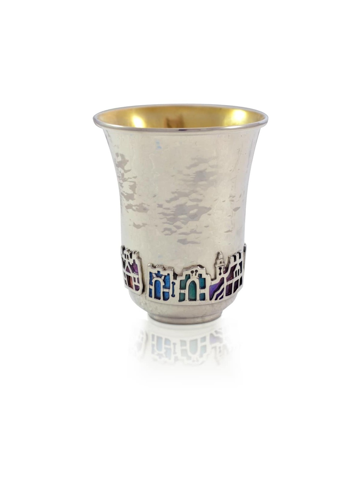 Stunning Hammered Kiddush Cup with Jerusalem Walls , Modern Kiddush Cu