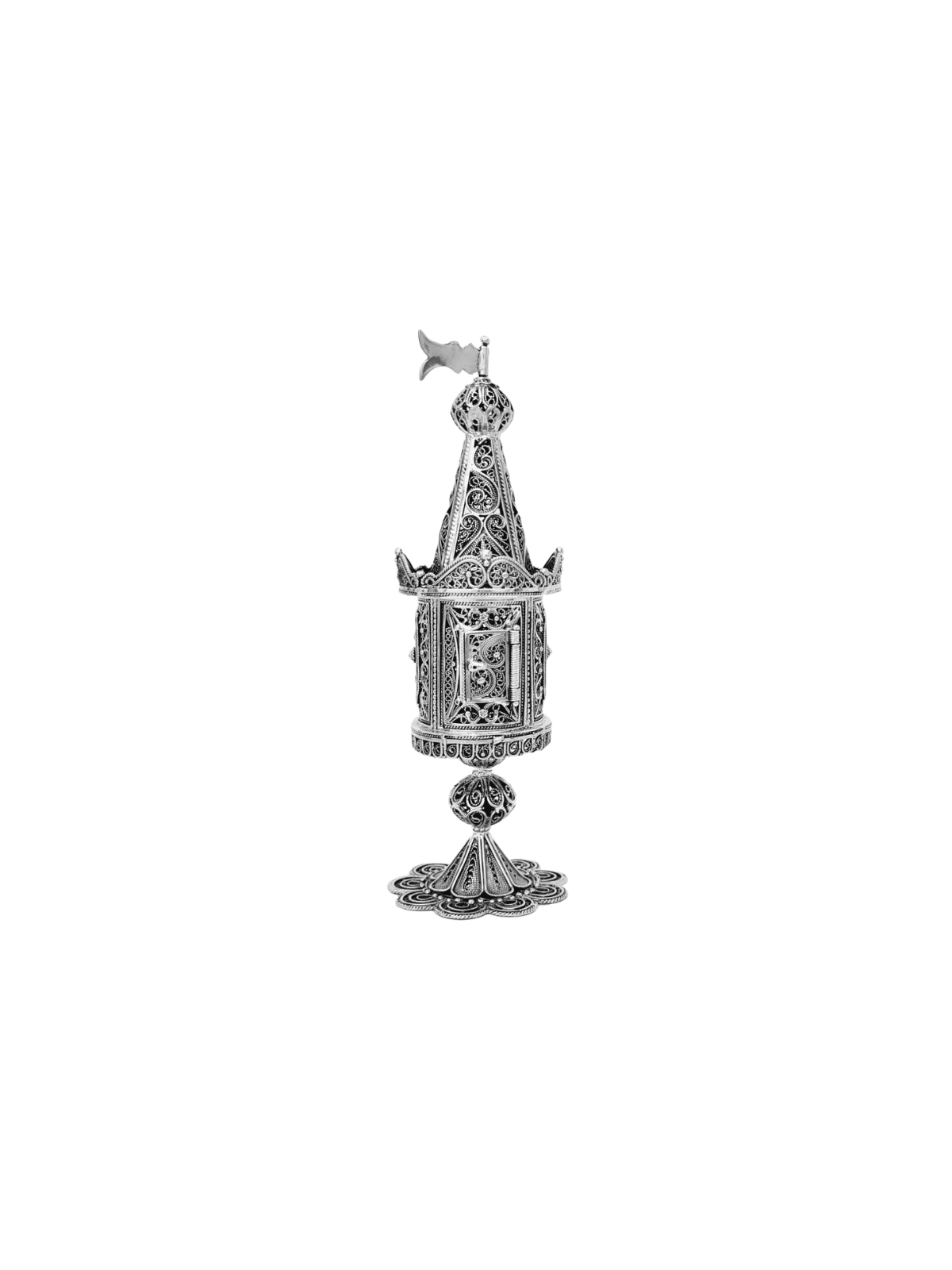 Boîte à épices Besamim en argent en forme de tour en filigrane, argent Sterling J