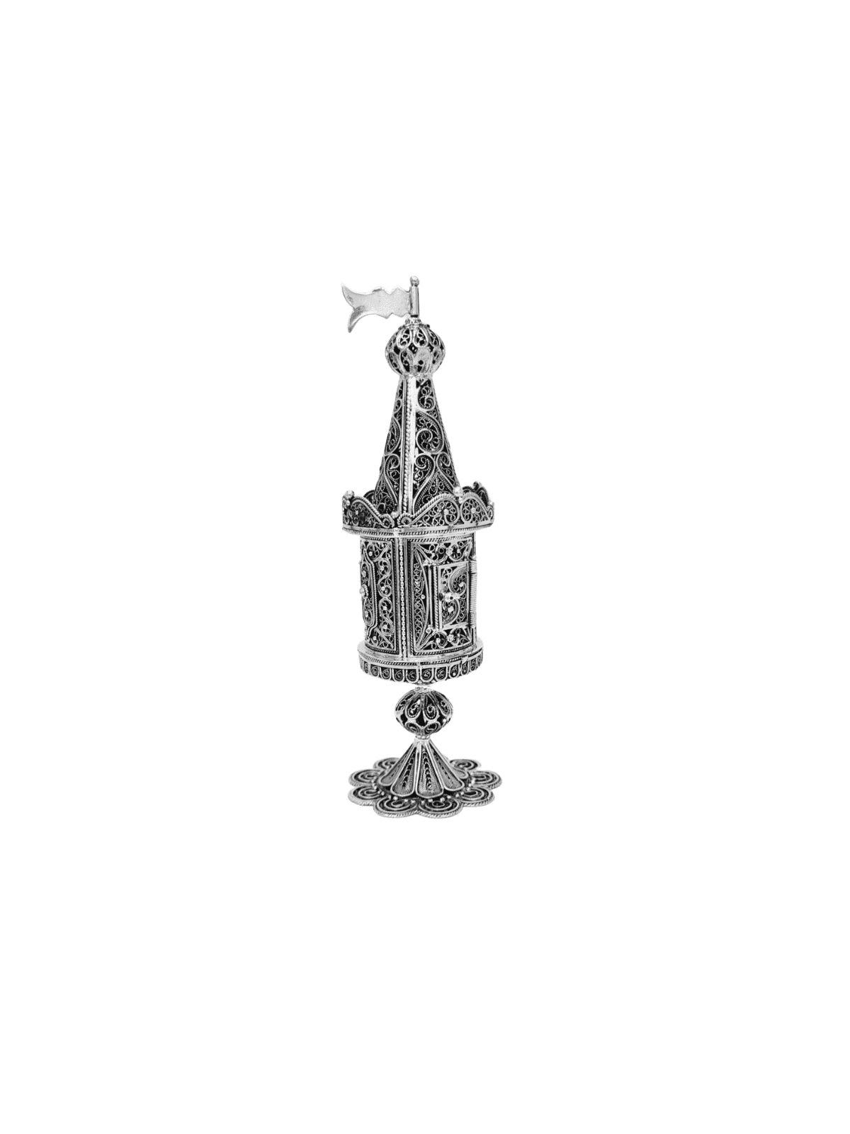 Boîte à épices Besamim en argent en forme de tour en filigrane, argent Sterling J