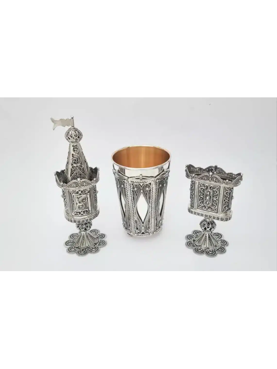 Boîte à épices Besamim en argent en forme de tour en filigrane, argent Sterling J