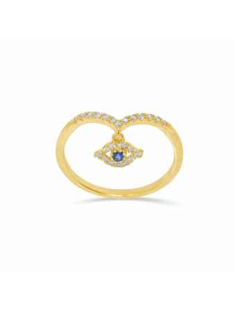 Yellow 14k Gold Evil Eye Diamond Ring , Tu B'Av Gifts , Israeli Judaic
