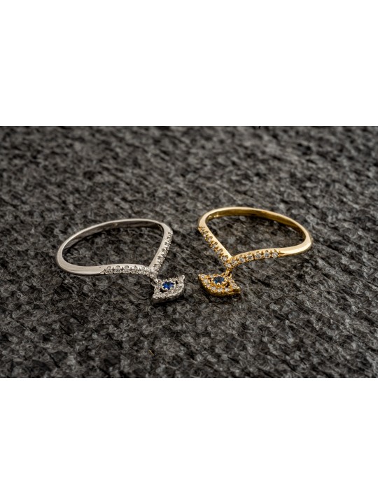 Yellow 14k Gold Evil Eye Diamond Ring , Tu B'Av Gifts , Israeli Judaic