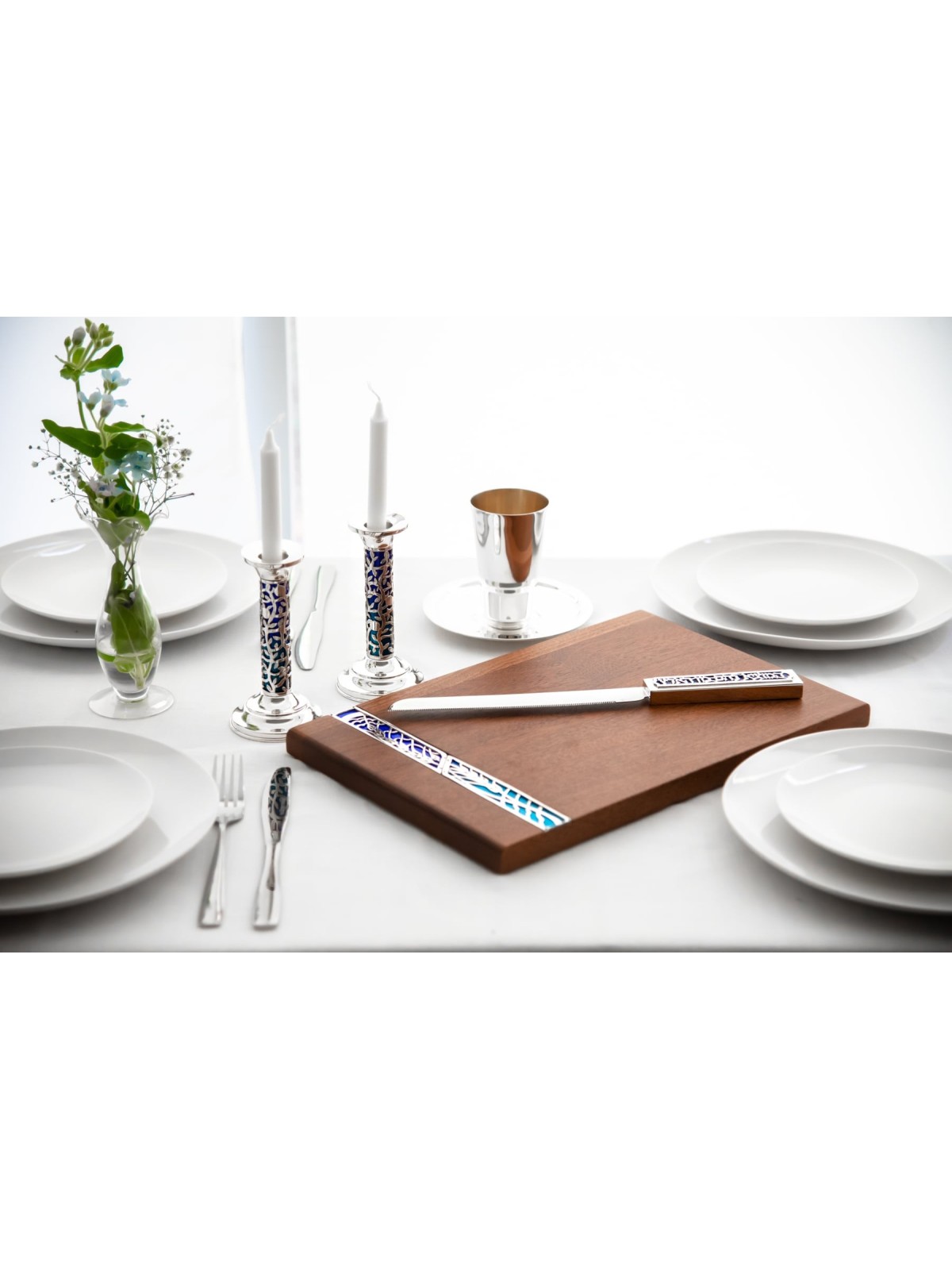 Set de Shabbat Challah Borad avec couteau et chandelier, argent sterling C
