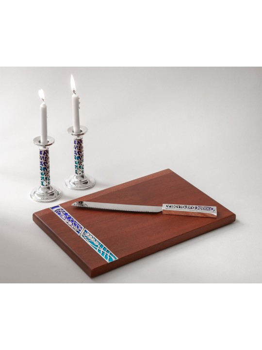 Shabbat Set Challah Borad with Knife & Candlestick , Sterling Silver C