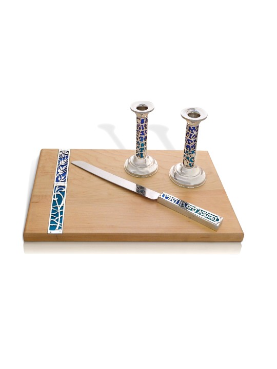 Planche Challah bleue avec couteau et bâtons de château, bougie en argent sterling